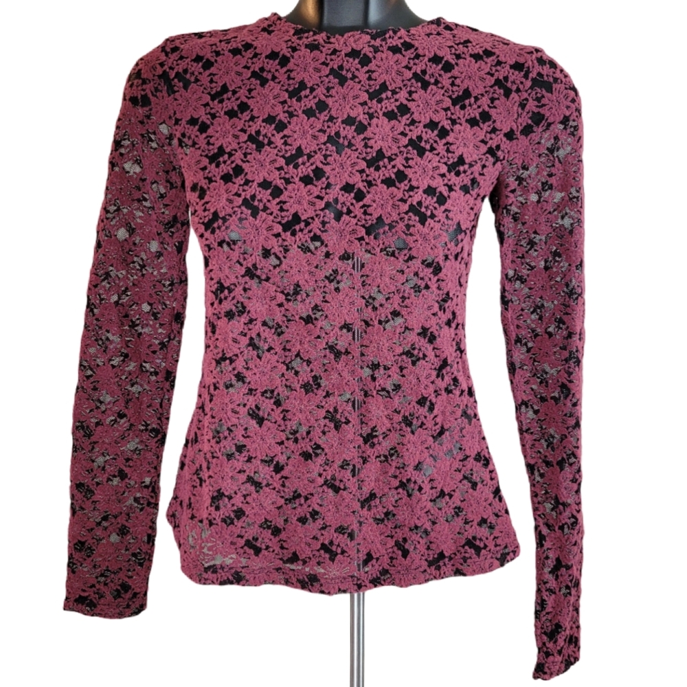 DYNAMITE Floral Red Lace Long Sleeve Sheer Blouse Size S